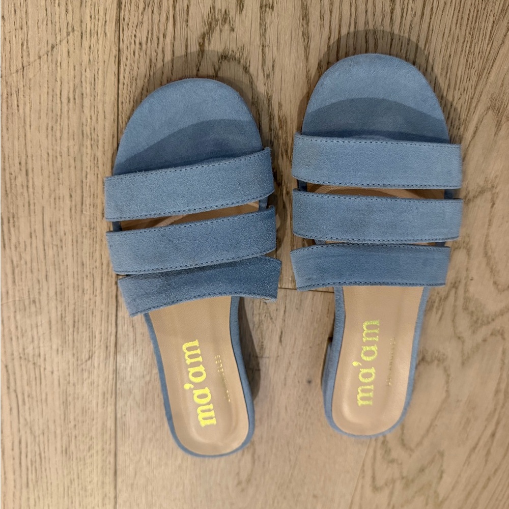 Blue Triple-Strap Slide Sandals